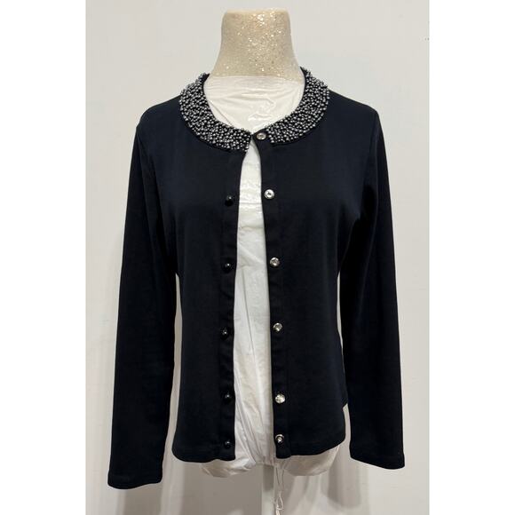 Rafaella Women's Button Up Cardigan sz M Black Beaded Cotton Office Layers - Picture 1 of 5
